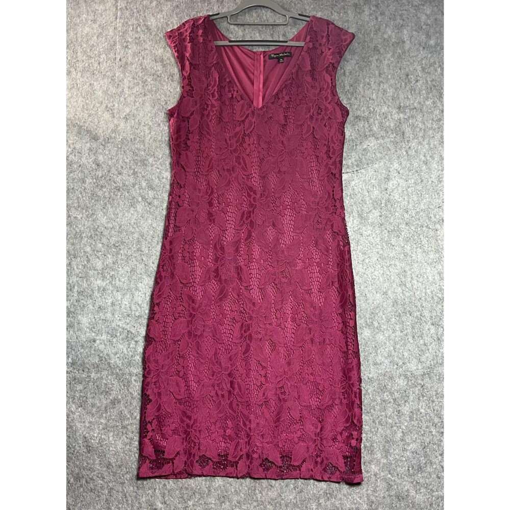 Ryan Michelle Dress Womens XL Pink Floral Lace Sheath V Neck Midi Party Cocktail